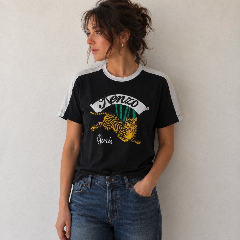 Kenzo Womens Memento Collection 2 Top Small Black Tiger Graphic Colorblock Sport